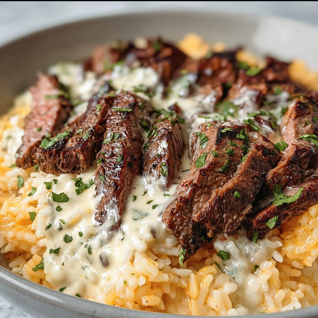 Creamy Queso Rice with Steak Strips