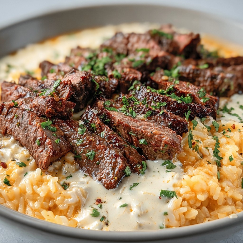 Creamy Queso Rice with Steak Strips