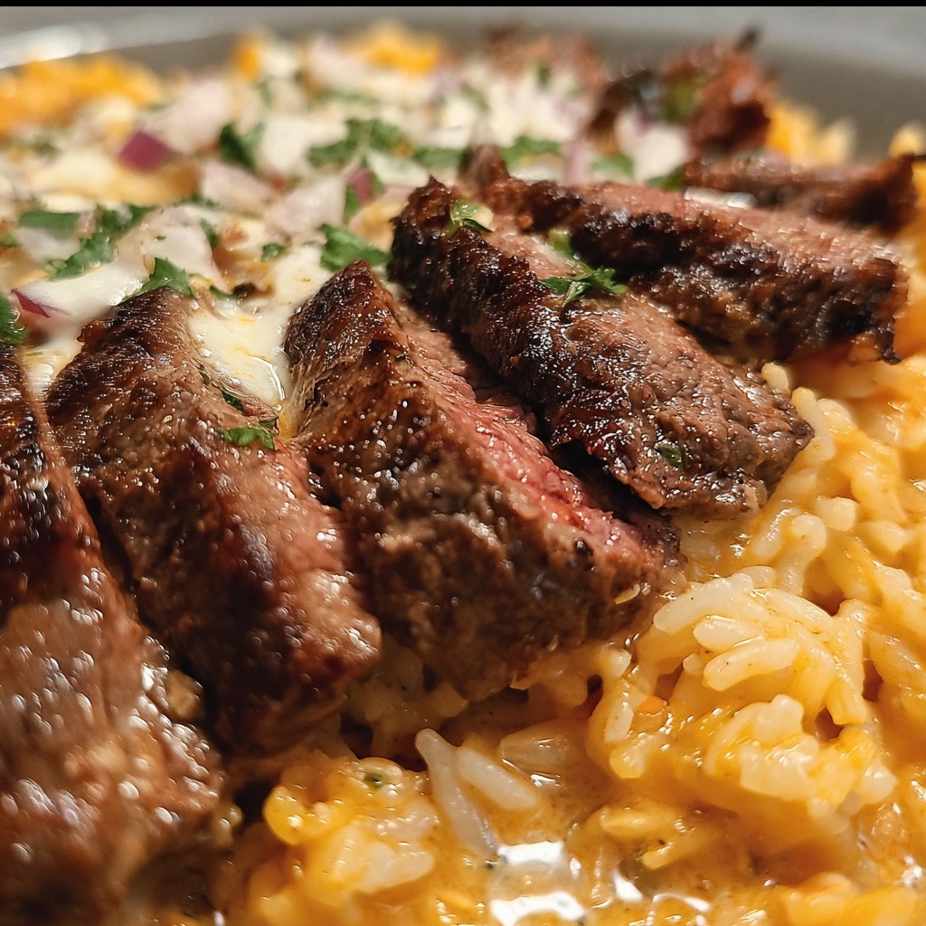 Creamy Queso Rice with Steak Strips