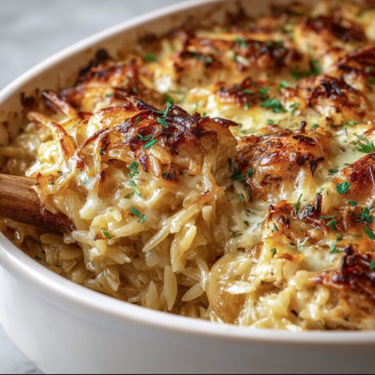 French Onion Chicken Orzo Casserole