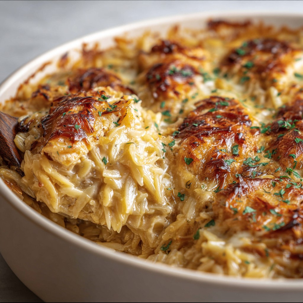French Onion Chicken Orzo Casserole