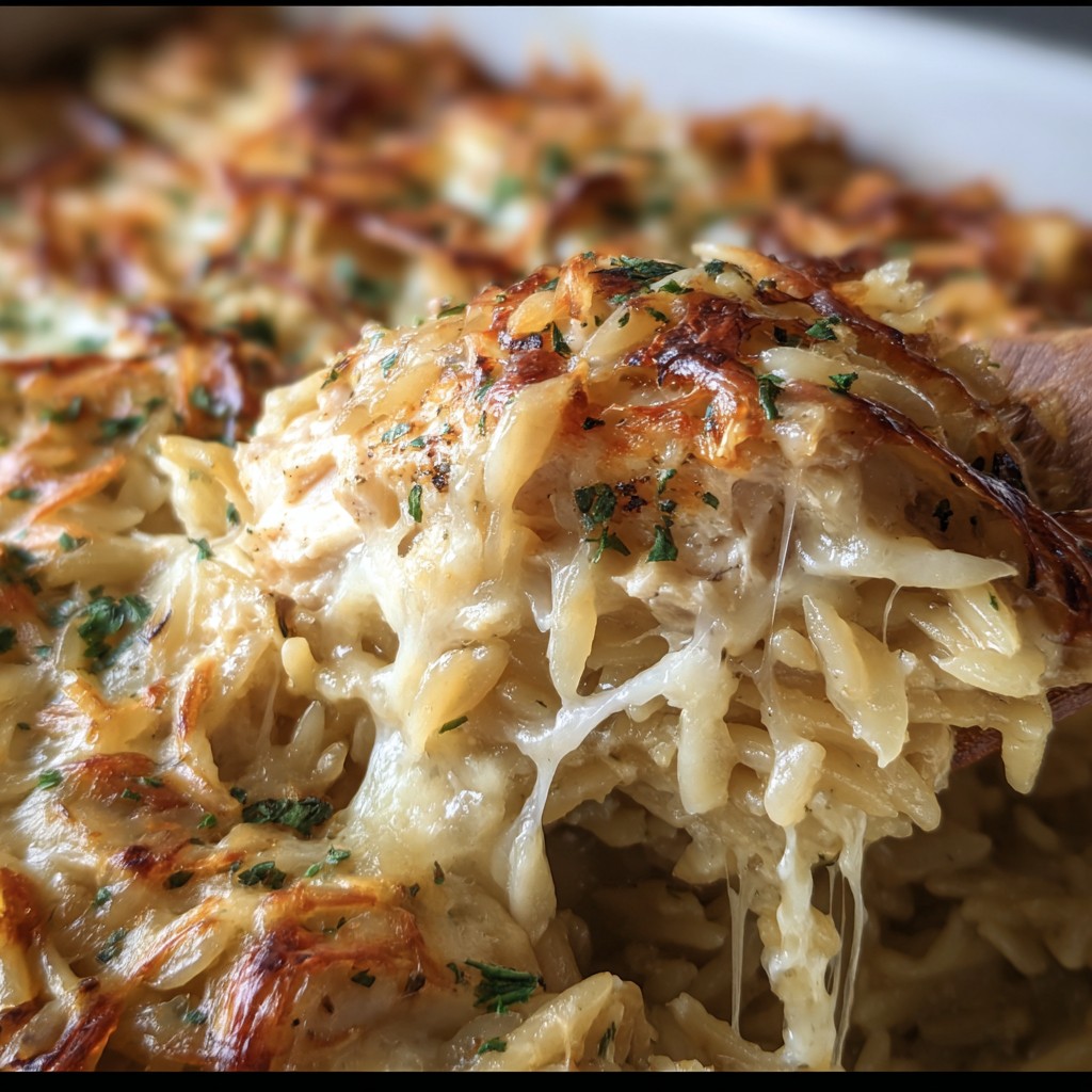 French Onion Chicken Orzo Casserole