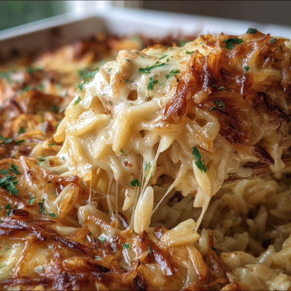 French Onion Chicken Orzo Casserole